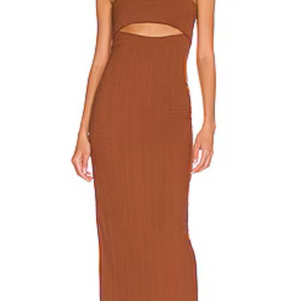 NBD Brown Ribbed Cut Out Bodycon Midi Dress
